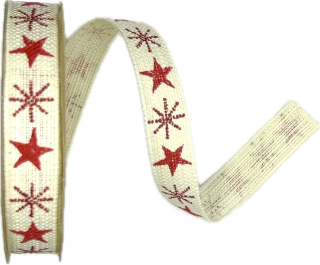 Stuha vánoční lněná NORDIC LINEN STARS CREAM & RED krémová 15mm x 4m (8,-Kč/m)