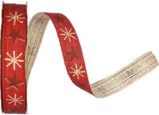 Stuha vánoční lněná NORDIC LINEN STARS RUBY LIGHT červená 15mm x 3m (8,-Kč/m)