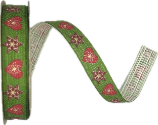 Stuha vánoční lněná HEARTS & STARS GREEN zelená 15mm x 3m (9,-Kč/m)