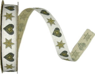 Stuha vánoční lněná HEARTS & STARS GRAY bílá 15mm x 3m (9,-Kč/m)
