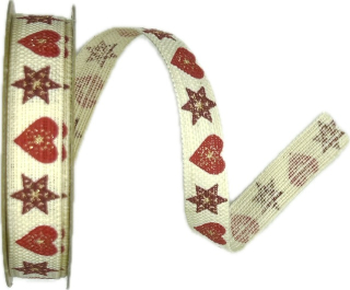 Stuha vánoční lněná HEARTS & STARS RED krémová 15mm x 3m (9,-Kč/m)