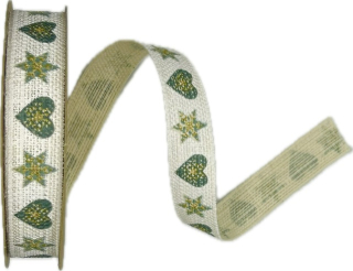 Stuha vánoční lněná HEARTS & STARS WHITE GREEN bílá 15mm x 3m (9,-Kč/m)