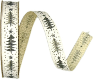 Stuha vánoční lněná SIMPLE FROSTED TREES WHITE bílá 15mm x 3m (10,-Kč/m)