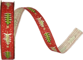 Stuha vánoční lněná SIMPLE FROSTED TREES RED červená 15mm x 3m (10,-Kč/m)
