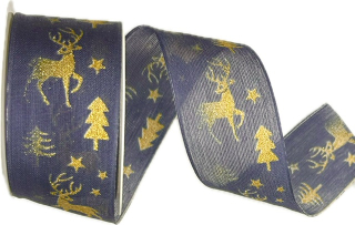Stuha vánoční WOODLAND REINDEER MIDNIGHT tmavě modrá 40mm x 2m (14,-Kč/m)