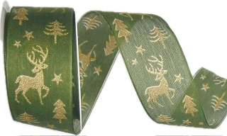 Stuha vánoční WOODLAND REINDEER FOREST zelená 40mm x 2m (14,-Kč/m)