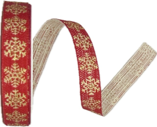 Stuha vánoční lněná WINTER LINEN FLAKE RED červená 15mm x 3m (8,-Kč/m)