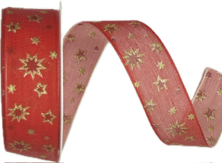 Stuha vánoční TWINKLE COTTON STARS RED červená 25mm x 3m (9,-Kč/m)