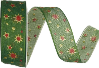 Stuha vánoční TWINKLE COTTON STARS GREEN zelená 25mm x 3m (9,-Kč/m)