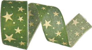 Stuha vánoční LINEN STAR MAGIC GREEN zelená 40mm x 2m (15,-Kč/m)