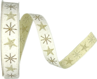 Stuha vánoční lněná NORDIC LINEN STARS NATURAL GOLD bílá 15mm x 4m (8,-Kč/m)