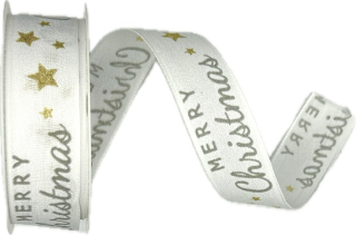 Stuha vánoční MERRY CHRISTMAS SCRIPT WHITE bílá 25mm x 3m (5,-Kč/m)