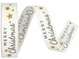 Stuha vánoční MERRY CHRISTMAS SCRIPT WHITE bílá 25mm x 3m (5,-Kč/m)