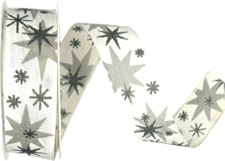 Stuha vánoční AURORA STARS SILVER bílá 25mm x 3m (12,-Kč/m)