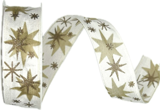 Stuha vánoční AURORA STARS BEIGE bílá 25mm x 3m (12,-Kč/m)