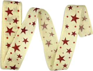 Stuha vánoční lněná LINEN STAR MAGIC CREAM krémová 25mm x 3m (10,-Kč/m)