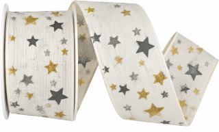 Stuha vánoční TWILIGHT STARS WHITE bílá 40mm x 2m (14,-Kč/m)