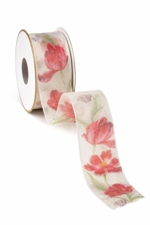 Taftová stuha Tulip Garden 40mm × 3m – průsvitná, květinový potisk