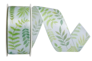 Zelená transparentní taftová stuha s listy 40mm x 2m (14,-Kč/m)
