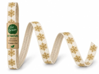Vánoční bavlněná stuha SNOW NATURE WHITE GOLD bílá se zlatými vločkami 15mm x 3m