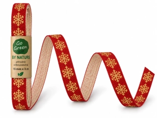 Vánoční bavlněná stuha SNOW NATURE RED GOLD červená se zlatými vločkami 15mm x 3m