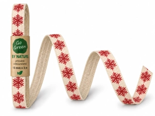 Vánoční bavlněná stuha SNOW NATURE WHITE RED bílá s červenými vločkami 15mm x 3m