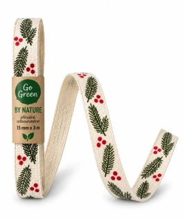 Stuha vánoční HOLLY CHARM CREME krémová 15mm x 3m – skládaná