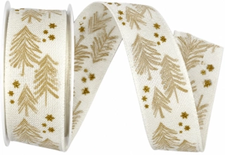 Stuha vánoční X-MAS TREES GREEN krémová 25mm x 3m (9,-Kč/m)