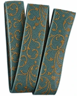 Vánoční ornament Turquoise Gold – bavlněná stuha tyrkysová se zlatým potiskem 25mm x 2m