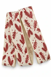 Vánoční větvičky Cream Red – bavlněná stuha krémová s červeným potiskem 25mm x 2m