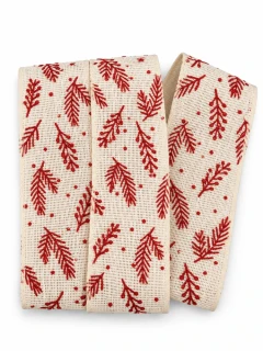 Vánoční větvičky Cream Red – bavlněná stuha krémová s červeným potiskem 40mm x 2m