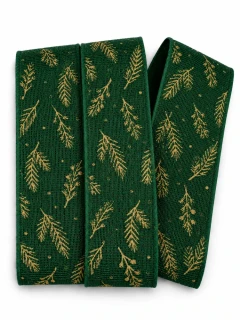 Vánoční větvičky Forest Green – bavlněná stuha zelená se zlatým potiskem 40mm x 2m