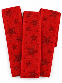 Stuha vánoční ADVENTNÍ HVĚZDY červená s červenými glitrovými hvězdami 40mm x 2m