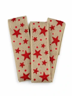 Stuha vánoční ADVENTNÍ HVĚZDY šedá s červenými glitrovými hvězdami 40mm x 2m