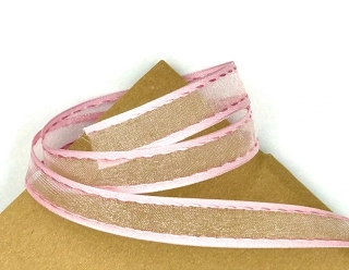 Stuha organzová CHAMPAGNER prošívaná růžová 15mm x 5m (5,- Kč/m)
