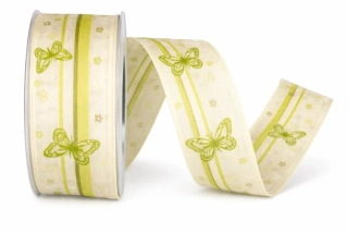 Bavlněná stuha BUTTERFLY GARDEN zelená 40mm x 20m – motýli, přírodní elegance