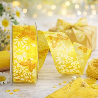 SUMMER DREAM – taftová stuha žlutá s květinovým potiskem 40mm × 20m