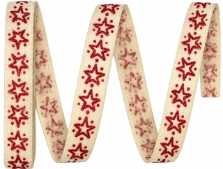 Vánoční stuha RED STAR NATUR potisk hvězdy červené 15mm x 2m  (6,- Kč/m)