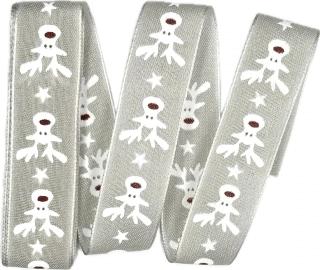 Vánoční stuha bavlněná HAPPY REINDEER pastelově šedá 25mm x 2m  (8,50 Kč/m)