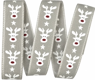 Vánoční stuha bavlněná HAPPY REINDEER pastelově šedá 25mm x 2m  (8,50 Kč/m)