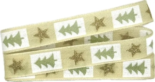 Stuha bavlněná  Vánoční stromky zlaté 15mm x 2m (5,-Kč/m)