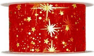 Vánoční stuha organzová ORGANDY STARS červená 40mm x 3m (13,-Kč/m)