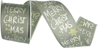 Vánoční stuha látková MERRY CHRISTMAS stříbrná 40mm x 2m (14,-Kč/m)