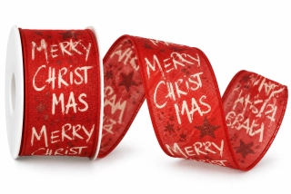 Vánoční stuha MERRY CHRISTMAS RED – červená s glitrovým efektem 40mm x 2m (9,- Kč/m)