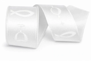 Saténová stuha „Víra & Naděje“ – kalich a ryba, bílá 40mm x 2m 