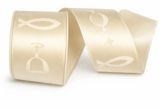 Saténová stuha „Víra & Naděje“ – kalich a ryba, smetanová 40mm x 2m 