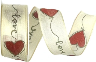 Bavlněná stuha LOVE BALLOON červená – srdce s nápisem, romantická  25mm x 2m