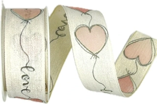 Bavlněná stuha LOVE BALLOON červená – srdce s nápisem, romantická  25mm x 2m