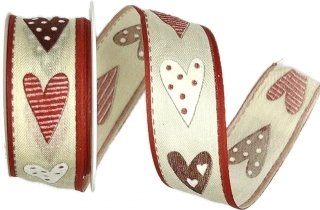 Bavlněná stuha HEART VINTAGE červená – romantická srdce, svatební, valentýnská 25mm x 2m