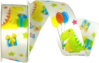 Stuha taftová BIRTHDAY DRAGON dětský potisk 25mm x 2m (13,-Kč/m)